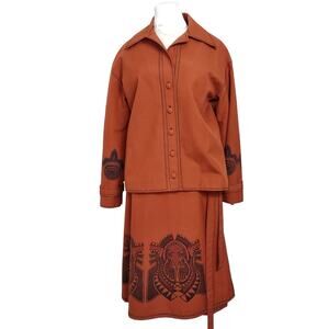 Vintage 70s African 2 Piece Suit Jacket & Skirt Ethnic Rust Black Retro Tribal